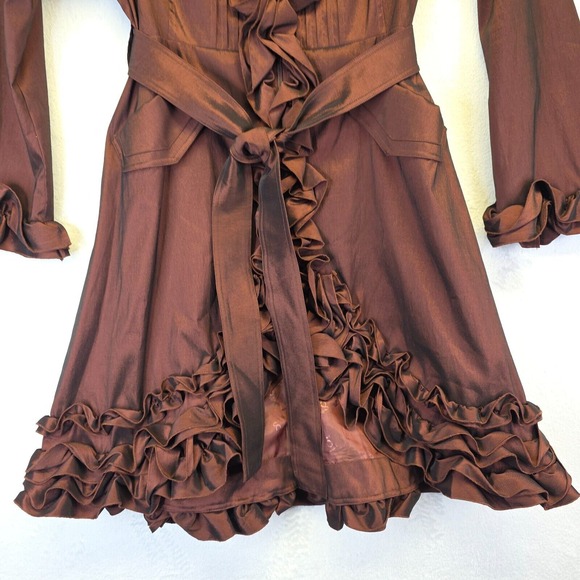 Samuel Dong Coat Women L Brown Metallic Ruffle Steampunk Satin Gothic Vintage - Picture 5 of 16